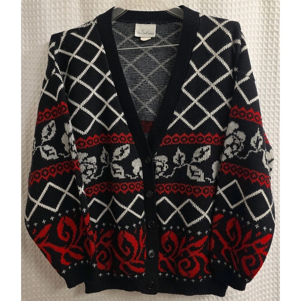 Vintage 80' Via Saint Andrea Button-down Cardigan Sweater Medium Roses Black Red